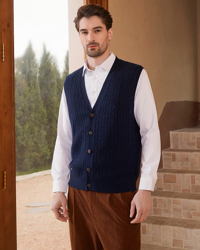 Kallspin Men's Cable Knit Sweater Vest Wool Blend V Neck Button Down Sleeveless Cardigan Vest(Navy Blue, 2X-Large) - Image 2